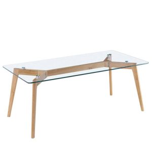 Wooden-legged, glass-topped, rectangular low table BF-T014